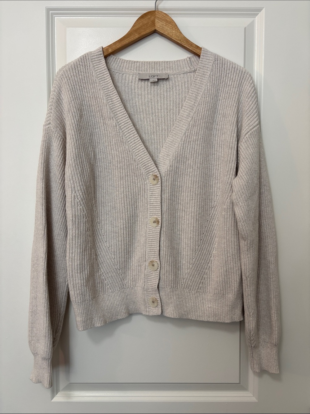 Loft Cream Knit 100% Cotton V-Neck Cardigan Sweater, Size L